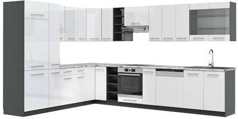 Vicco Eckküche Fame-Line, Weiß Hochglanz/Anthrazit, 347 x 60 cm, AP Marmor, für Flexible Küchenplanung und modulare Erweiterung