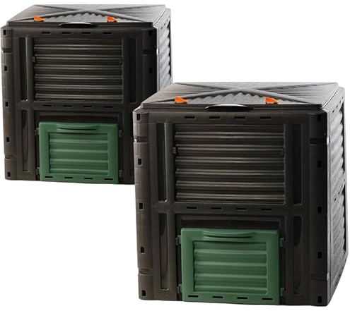 2friends Juego de 2 compostadores para jardín, compostador rápido, 450 L, plástico estable, tapa abatible, altura 81 x 80 x 80 cm, termocompostador para residuos de jardín/cocina, 100% reciclado, UE,