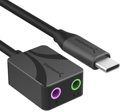 SABRENT USB-C Externe Soundkarte mit 24-Bit/96KHz Hi-Res Sound, USB Typ-C auf 3,5-mm-Klinke, Zwei Buchsen für Mikrofon und Stereo, Aluminiumgehäuse, Audio-zu-USB-Adapter (AU-UCMA)