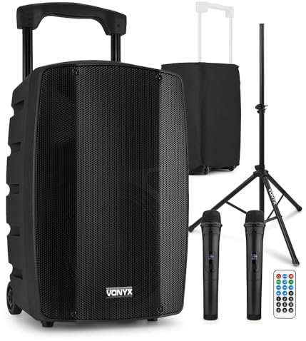 Vonyx VSP200 Portable PA System with Wireless Mic, Bluetooth, 10 200W Battery Speaker, Mobile Audio Speaker Stand & Cover for DJs, Musicians and Public Speakers