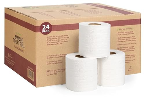 Vinsani 3 Ply Bamboo Toilet Rolls – 24 Rolls of Super-Soft Toilet Paper 100% Natural Toilet Tissues in Plastic Free Eco Friendly Packaging and Sustainable Tissue Paper | Compostable Loo Roll