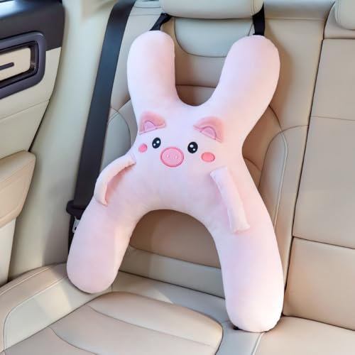 Dujuanus Schlafkissen für Auto Kinder, Reisekissen Kinder Auto, Nackenkissen Autoschlafkissen für Lange Reisen H-Form Auto Sicherheitsgurt Kissen (Schwein)