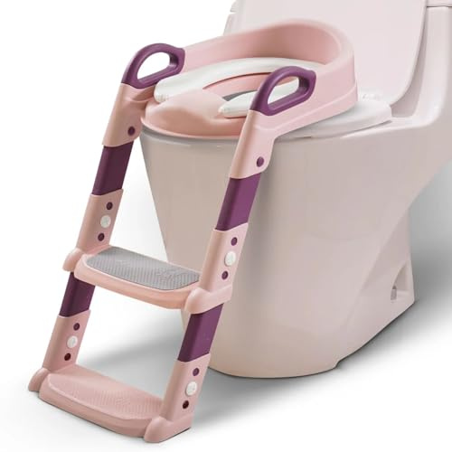 Taylor & Brown Adjustable Potty Ladder Seat for Toilet Training with Steps, Handle & Soft Cushion Anti-Slip Stool for Toddlers & Children Unisex Foldable & Easy Assembly Splash Guard Included (Pink)