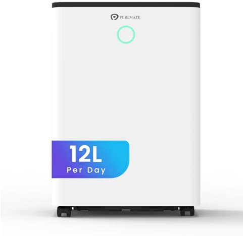 PureMate 12L​/Day Dehumidifier ​for Home, Automatic Humidity Sensor​, Digital Display, 24H Timer, Auto Shut-Off, Continuous Drainage & ​ Laundry Drying,​ Removes Damp, Condensation & Odours.