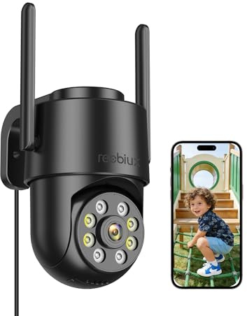 Reobiux Camara Vigilancia WiFi Exterior,2K Impermeable WiFi 2,4 GHz,PTZ 360°,Detección de Movimiento,Visión Nocturna,Audio Bidireccional,Seguridad para Hogar,Garaje y Jardín,3m Cable