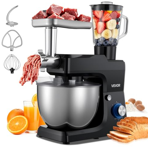 VEVOR multifunktionale Küchenmaschine elektrisch 1500 W mit Edelstahlschüssel (7,8 L) & Mixbecher (1,5 L), Knetmaschine Teigmixer mit 6+P Geschwindigkeiten & Knethaken & Schneebesen & Rührbesen