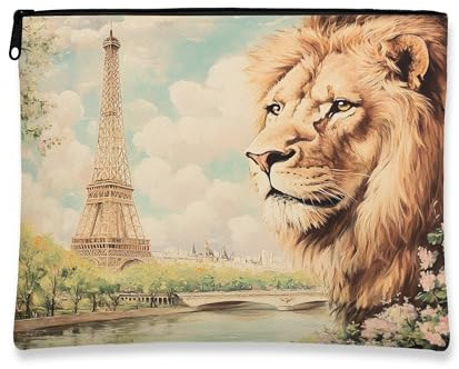 Vintage Artistic Makeup Bag, Lion and Paris Tower Cosmetic Travel Pouch for Women, Portable Canvas Zipper Organizer, Perfect for Spring Adventures 7x9 Inch
