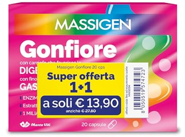 Massigen - Gonfiore, 2 Confezioni da 20 Capsule,Integratore Con Estratto di Carciofo e finocchio, per Favorire la Digestione e l'Eliminazione dei Gas Intestinali, Senza Glutine
