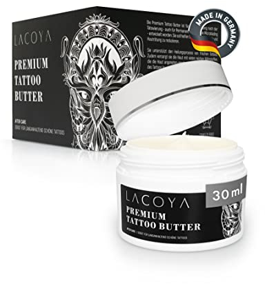 LACOYA® - Premium Tattoo Butter für frisch tätowierte Haut - Pflegecreme für tägliche Tattoo After-Care Pflege - Tattoo-Creme mit Shea-Butter vegan, atmungsaktiv (Made in Germany) - Tattoopflege Balm