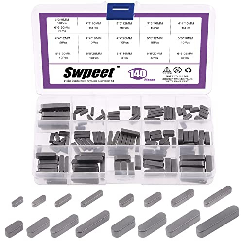 Swpeet 140Pcs 16 Sizes Carbon Steel 3mm 4mm 5mm 6mm Round Ended Feather Key Parallel Drive Shaft Keys Set Key Stock Assortment for Fasteners Mechanical Industry