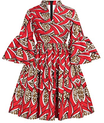 Womens African Ankara Print Maxi Dress Traditional Casual Outfits Fashion Lotus Sleeve V Neck African Dresses Women (FQIL001,M,Medium)