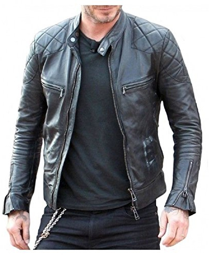 Aksah Fashion s Herr David Beckham Café Racer Biker Motorcykel Quiltad Svart Läderjacka, Svart, XXL