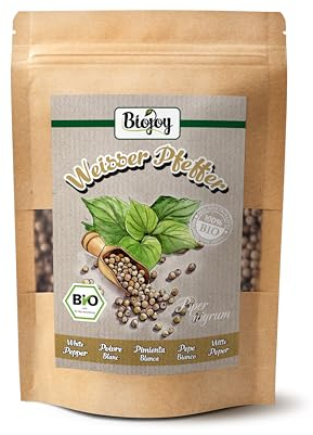 Biojoy Poivre blanc en grains BIO (250 g), Graines de Poivre blanc pour moulin, sans additifs (Piper nigrum L.)
