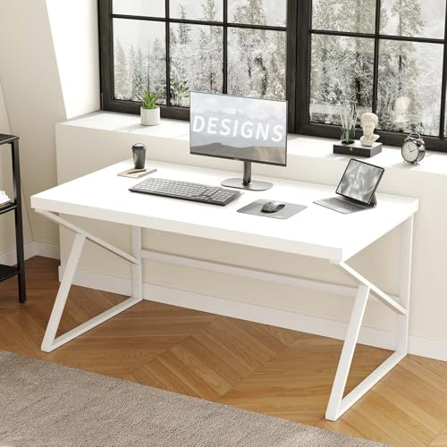 HSH White Computer Desk, Modern Wood Home Office Desk, PC Desk for Executive Work Writing Study Gaming Student Bedroom, Farmhouse Simple Wooden and Metal Computer Table Workstation, White Oak, 140cm