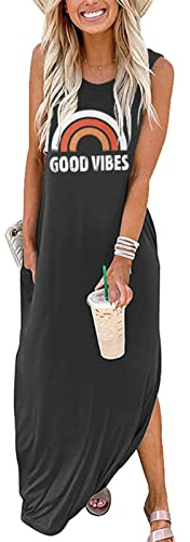 Summer Maxi Dresses for Women 2026 Casual Sleeveless Loose Beach Good Vibes T Shirt Dresses with Pockets