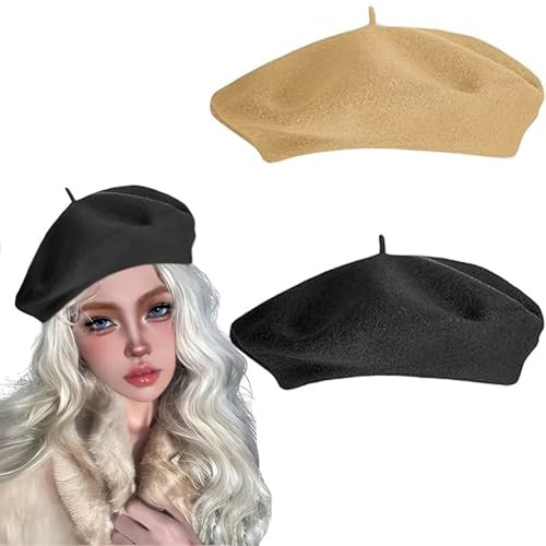 Mystiqut 2 PCS Women Vintage French Beret Wool for Women Solid Color Classic French Beret Elegant Soft Stretchy Cap Lightweight Classic Solid Winter Hat Trendy & Comfortable Accessory Black