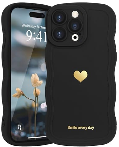 LAPOPNUT for iPhone 15 Pro Max Case Cute Heart Simple Wave Frame Case Aesthetic Design Solid Color Girls Women TPU Silicone Slim Phone Cover for iPhone 15 Pro Max,Black