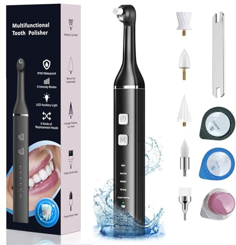 KSHOT Lucidatore elettrico, kit sbiancante per denti per la pulizia della placca, strumento per rimuovere le macchie dei denti, con 5 testine, 3 paste lucidanti IPX6 ricaricabili