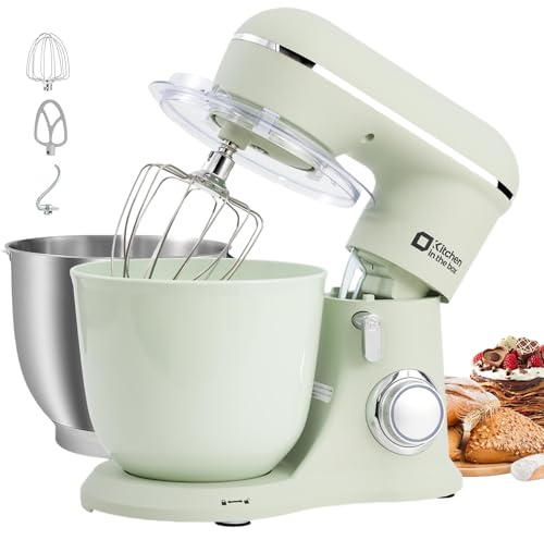 Kitchen in the box Stand Mixer, 4.5L+5L Two Bowls Food Mixer for Baking, 10 Speeds Electric Kitchen Appliance with Dough Hook, Whisk, Beater, 1300W Matte for Home Baking (Light Green)