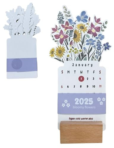 Bloomy Flowers Tischkalender 2025 – Vasenförmiger Kalender mit Holzsockel | Elegantes Blumendesign für ganzjährige Inspiration | Perfekt für Wohn- und Bürodekoration | Kunstkalender, herausnehmbarer M