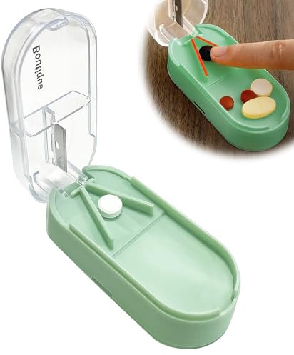 lomdung Cortador de Tabletas con Cuchilla, Cortador de Tabletas Portátil con Compartimento, Organizador de Pastillas Diario Extraíble a Prueba de Polvo y Humedad, Pastillero para Oficina Casa, Verde