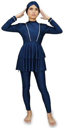Musuly Burkini Bleu Foncé Élégant avec Jupe et Volants - Maillot de Bain Intégral (Bleu Marine foncé, M=38)