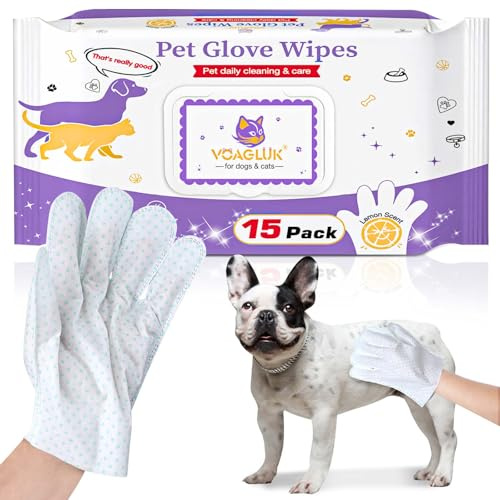 GIUACL Dog Cleaning Gloves Wipes 15pcs Disposable Pet Grooming Bathing Gloves Extra Thick, No Rinse Shampoo Dry Cleaning Gloves for Dogs & Cats Paw Face Ear Fur and Butt