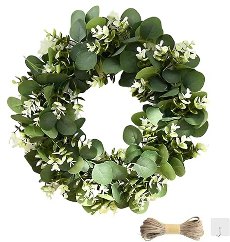 WATUNID 18 Inch Artificial Eucalyptus Wreath for Front Door, Spring Summer Green Leaf Wreaths With 1PC Rope and 1PC Hook, Front Door Wreath for Fireplace Wall Window Farmhouse Festival Garden Decor