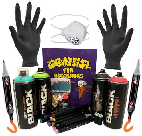 KLAMOTTEN STORE Street Art Starter Kit - Graffitspaß mit Sprühdosen, Buch, Stiften & Zubehör - ideal für Beginner