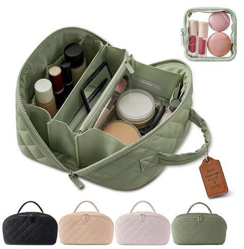BQFLY Travel Makeup Bag Toiletry Bags for Women Small Cute Brush Quilted Skincare Organizer Set My Parallel Toiletries Cosmetic Puffer Fold down Traveling Organizers Mini Purse Skin Care Lay Flat