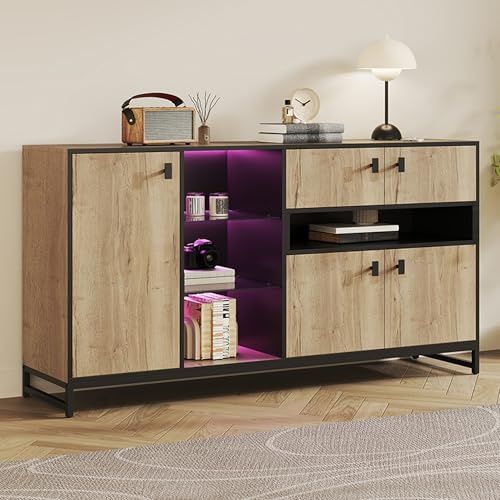 FammyLoft Sideboard mit LED, Kommode mit 3 Türen, Komodenschrank mit Verstellbaren, Büroschrank, für Eingangsbereich/Wohnzimmer/Esszimmer, 160x40x84,5cm, Natural