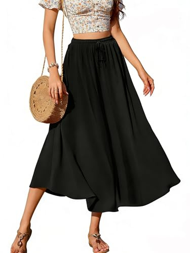 Koerye Lunghe Gonne Donna Elegante a Vita Alta Maxi Gonna con Coulisse Casual Trapezio Gonne Elastiche Skirt A Trapezio Gonne da Spiaggia Nero,M