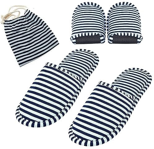 EQLEF Chaussons Hôtel Non Jetables, Antidérapants et Lavables - Pantoufles Spa Portables pour Hommes et Femmes (Adultes, Stripes)