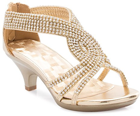 Olivia K Girls' Kids Open Toe Strappy Rhinestone Dress Sandal Low Heel Shoes - Wedding, Dress, Dance, Flower Girl, Rosegold Glitter, 4 Big Kid