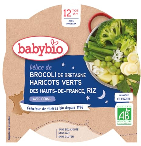 Babybio – Bonne Nuit – Assiette Brocoli Haricots Verts de Vendée Riz 230g – 12+ Mois – Lot de 1
