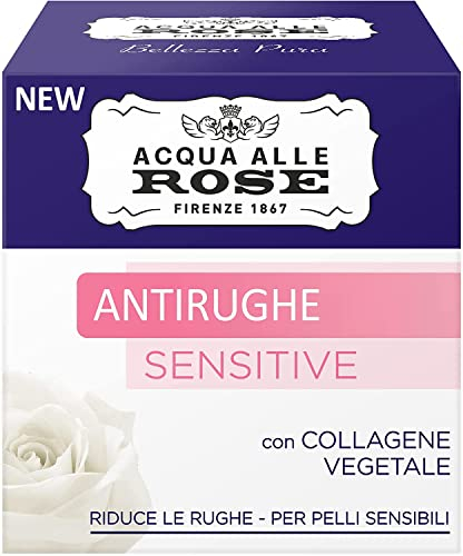 Acqua alle Rose, Crema facial antiarrugas sensible con colágeno vegetal y extracto de rosa, crema antiarrugas, delicada con la piel, ideal para pieles sensibles, 100% natural, 50 ml