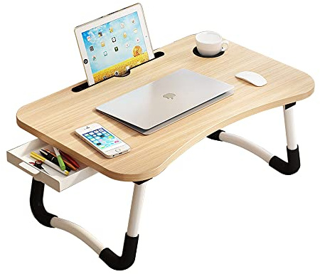 Lap Desk with Storage Drawer, Holders for Cup and Tablet, Laptop Bed Tray Table with Foldable Legs, Laptop Bed Stand, Portable Standing Table for Sofa Couch Floor (23, Walnut)