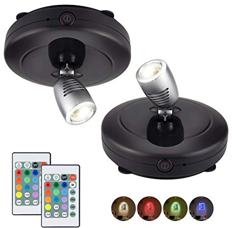 HONWELL Wireless LED Spotlight Battery Operated Ceiling Spotlights with Remote Control, RGB Dartboard Timer Accent Lights, Rotatable Picture Lights for Dartboard, Picture, Black, 2 Pieces