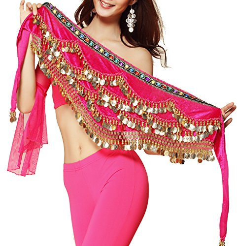 Bauchtanz Hüfttuch Damen Bauchtanz Kostüm Hüfttuch mit Münzen Gürtel Röcke (Dunkelpink)
