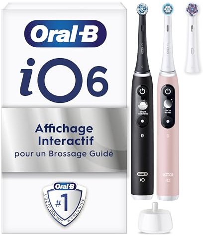 Oral-B iO 6, 2 Spazzolini Elettrici, 3 Testine di Ricambio, Nero e Rosa - 3 Testina di Ricambio per Spazzolino Elettrico, Ricaricabile, Sensore di Pressione, Pulizia Denti Efficace