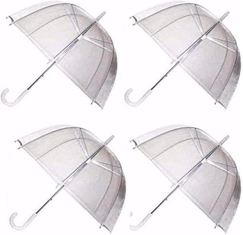 SKYTE® 4 x Set Rain Umbrellas Dome Birdcage Transparent PVC Wedding Brolly Clear Bubble Bubble White Handle And Spike Brolly Walking Ladies Mens Unisex Party Parasol Rain Bridesmaid Bridal