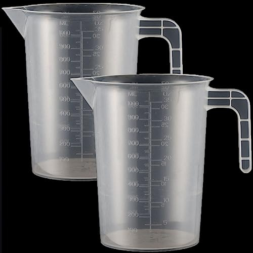 Set di 2 misurini in plastica, con manico e grammi, scala 1000 ml, resistente al calore, misurino di precisione per detersivi, cucina, laboratorio, per alimenti, 1 l (trasparente)
