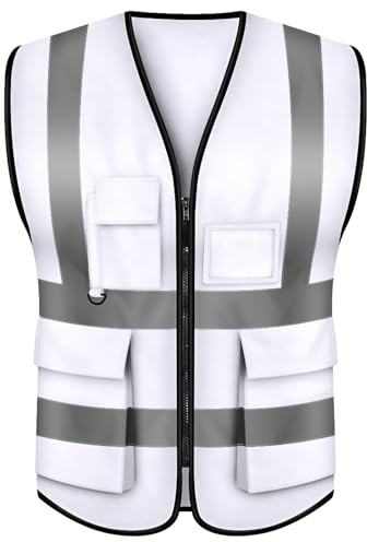 TOPTIE Gilet di sicurezza bianco, gilet di comando incidente con 5 tasche e strisce riflettenti ad alta visibilità da 2 