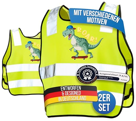 LAUTER SCHUTZ ® Warnweste Kinder (3-12 Jahre) Sicherheitsweste [2 Stück] für bessere Sichtbarkeit bei Tag und Nacht für Sport, Laufen, Fahrrad, Weg zur Schule & Auto (Reflektorweste - Dino)