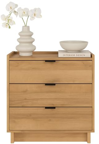 Prepac Simply Modern Nightstand Bedside Table, Natural Oak Nightstand for Bedroom, End Table with 3 Drawers 26.5 W x 26.75 H x 16 D