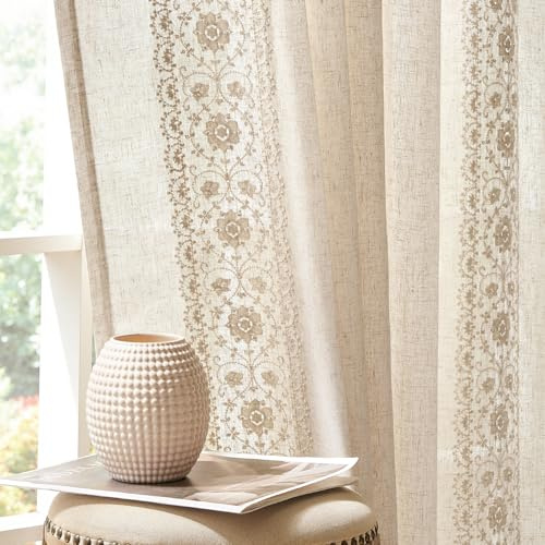 Vangao Tende per Interni in Misto Lino Beige Naturale Tenda Camera Da Letto Ricamata per Finestre Soggiorno Moderne 140 x 145 cm 2 pezzi in stile bohemien per casa Ufficio bambini cameretta