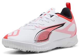 Puma, Unisex-Child, Ultra 5 Play Turf Training Soccer Cleats, Puma White-Puma Black-Glowing Red, Big Kid 4.5