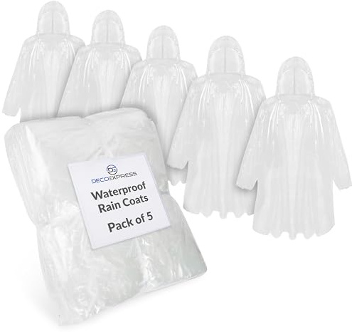 CityComfort Rain Poncho for Boys Teens Disposable Transparent Waterproof Ponchos Multipack for Festival Theme Park Emergency Raincoats (White - 5 Pack)
