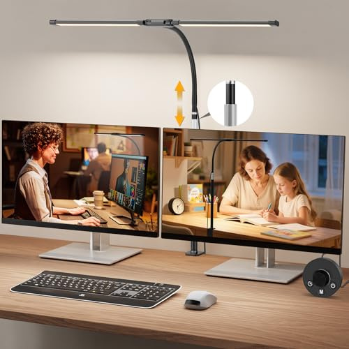 Woputne Dual Head Led Desk Lamp with Clamp for Home Office Study, 24W,Black | 5 Colour Modes & 10 Brightness Levels; Eye-Caring Flexible Neck Architect Lamp for Work Craft Drawing; USB Adapter