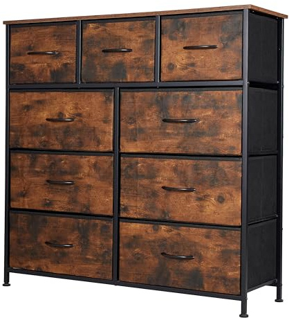 Fabric Chest of Drawer, Tall Dresser Storage Drawer with 9 Drawers Bins for Closet - Steel Frame, Wood Top Organizer for Bedroom, Kids room, Living room, Closet (Rustic Brown Wood Grain Printing)